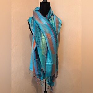 Pashmina Silk Teal Scarf with Splashes of Color and Fringe